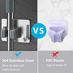 homeasy Mop Broom Holder No Drill, Mop Broom Organizer Wall Mounted Heavy Duty with Hooks Hanger, Self Adhesive Stainless Steel 4Pcs for Bathroom, Kitchen, Office (Silver) - color: Silver