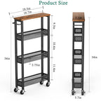 XYZLVSI Slim Storage Cart 4 Tier Narrow Kitchen Rolling Cart on Wheels for Small Space, Mobile Utility Cart Shelving Unit with Wooden Top and Metal Handle for Kitchen, Bathroom, Laundry Room - size: 16.7"Dx5.0"Wx34"H