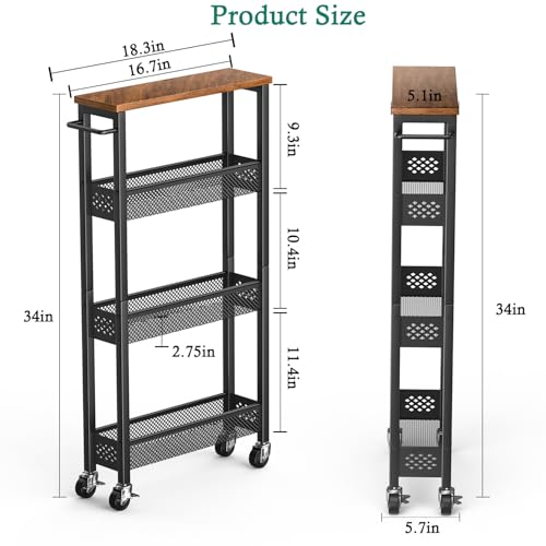 XYZLVSI Slim Storage Cart 4 Tier Narrow Kitchen Rolling Cart on Wheels for Small Space, Mobile Utility Cart Shelving Unit with Wooden Top and Metal Handle for Kitchen, Bathroom, Laundry Room - size: 16.7"Dx5.0"Wx34"H