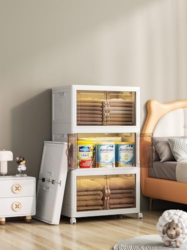 4 Tier Stackable Storage Bins with Lids, Total 106QT (4×26.5QT) Foldable Closet Organizer with Wheels, Collapsible Plastic Storage Boxes for Clothes, Toys, Kitchen, Office, and Dorm Room - size: 4-Tier 26QT