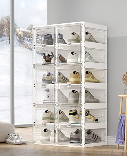ANTBOX Foldable Shoe Rack,Shoe Organizers for Closet Plastic Shoe Storage Box Space Saving for Entryway, Large Sturdy Stackable Sneaker Cabinet Bins with Magnetic Clear Door 6 Tiers 12 Pairs - color: Clear, size: 6 Tiers 12 Pairs