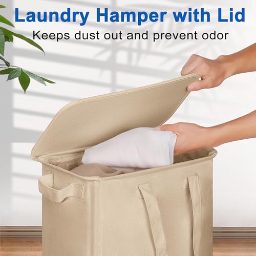 Vincona Slim Laundry Hamper with Lid and Wheels, Small Rolling Laundry Basket with Handle for Small Spaces, Tall Dirty Clothes Hampers for Dorm, Bathroom and Bedroom, 55L, Oatmeal - color: Oatmeal, size: 55L