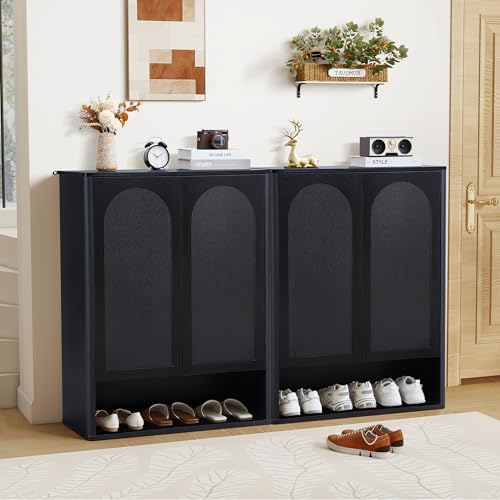 Shoe Cabinet, 5 Tier Wooden Shoe Storage Organizer Cabinet with Adjustable Shelves, Shoes Rack Accent Cabinet for Entryway Hallway Living Room, Black - color: Black