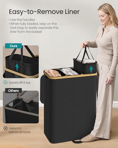 SONGMICS Laundry Hamper, Laundry Sorter with Lid, Storage Basket Bin, Removable Liners, Bamboo Frame, for Bedroom, 3 Sections, 44.9 Gal. (170 L), Ink Black ULCB533BH01 - color: Ink Black, size: 170 L (3-Section)