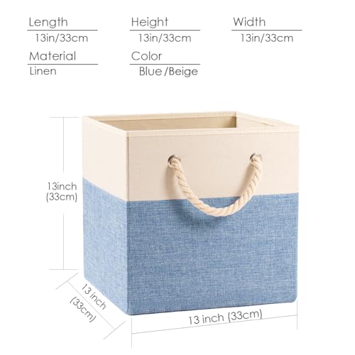 PRANDOM Large Foldable Cube Storage Bins 13x13 inch [2-Pack] Fabric Linen Storage Baskets Cubes Drawer with Cotton Handles Organizer for Shelves Nursery Closet Bedroom Beige/Blue - color: Beige/Blue, size: 13x13 inch(2-Pack)