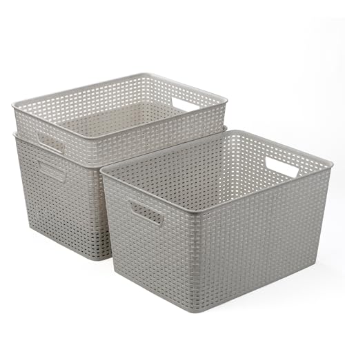 BINO | Plastic Storage Baskets, 33 Liter - 3 Pack, Natural Grey | THE WOVEN COLLECTION | Storage Basket for Shelves | Woven Storage Baskets for Organizing Bins | Pantry Shelf Organizer | Container Bin - color: Natural Grey, size: 33L | 3-Pack