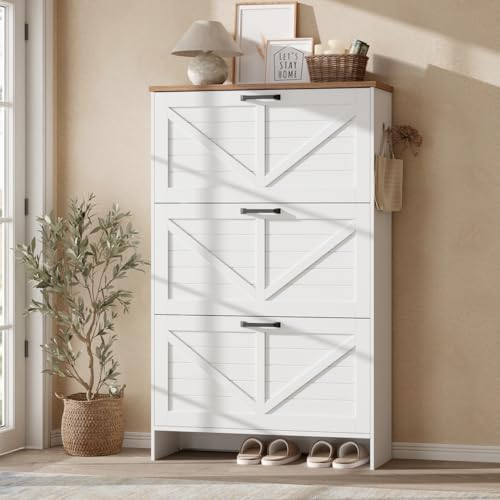 Nicetree Barn Door Shoe Cabinet for Entryway - Modern Farmhouse Shoe Storage Cabinet with 3 Flip Drawers - Slim Hidden Shoe Organizer for 24-32 Pairs - Fits Size 12 Work Boots White - color: Brushed Solid White & Weathered Caramel Oak, style: 3 Flip Drawe