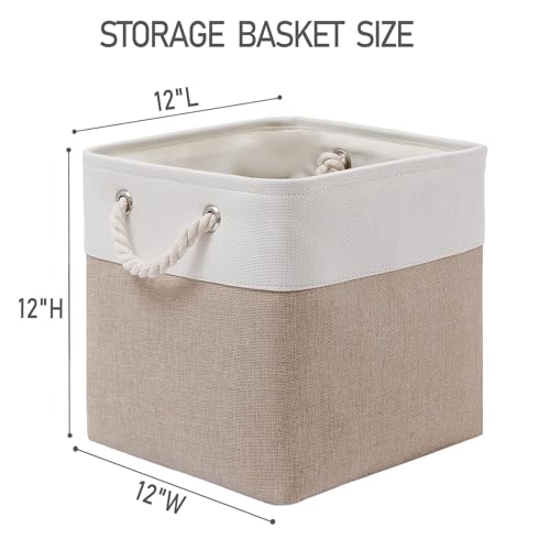MidmmVick 12 x 12 Inch Cube Storage Bins, 6 Pack Large Collapsible Fabric Storage Bin with Ropes, Foldable Storage Cubes for Home, Office,Closet, Clothes, Toys Organizer (White & Beige) - color: White&Beige-12"x12"x12"