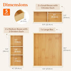 Lifewit Drawer Organizers 5 Pack(11 Grid) with 6 Inserts, Adjustable Bamboo Wooden Drawer Dividers, Stackable Storage Box for Utensils, Silverware, Makeup, Junk in Kitchen/Bathroom/Office/Vanity