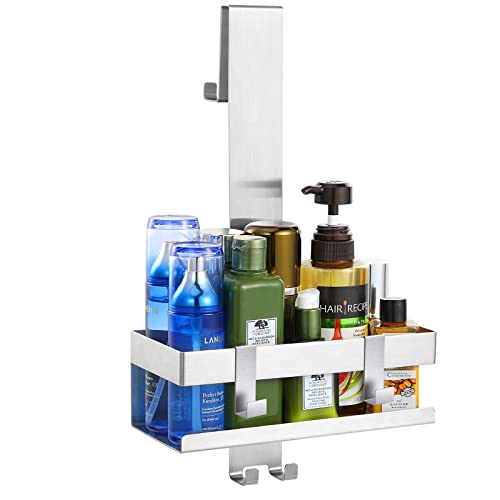Emibele Over The Door Shower Caddy, 304 Stainless Steel Hanging Shower Caddy Rustproof Shower Shelves,No Drilling Hanging Shower Organizer for Bathroom Glass Door Up to 1.5cm,Basket: 23×10×10cm,Silver - color: Metallic Silver, style: 1-Tier