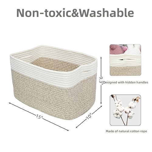 Cotton Rope storage Basket Bins Woven Basket for Organizing Shelves 15X10X9.3" Rectangle Decorative Baskets For storage Clothes Toys Books Towels Nursery basket organizer 3 pack white and brown - color: white and brown