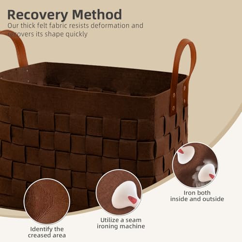 boldmonkey Laundry Basket 16.5 " x13 x13 , Large Rectangular Felt Fabric Blanket Basket with Leather Handle, Dirt Clothes Laundry Hamper for Babies, Dogs and Living Room-Brown - color: Wood Brown
