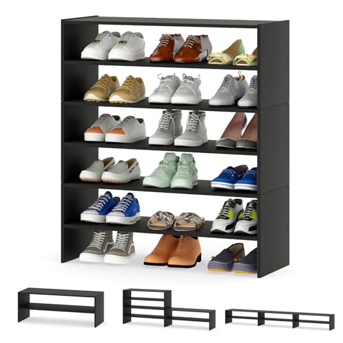 Tangkula 6-Tier Stackble Vertical Shoe Rack, Space Saving Wooden Corner Shoe Storage Shelf for 18 Pairs, 3-in-1 Adjustable White Shoe Organizer for Front Door Entryway - color: Black