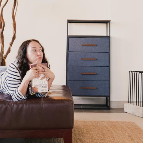 tinge Zana Premium 4 Drawer Fabric Dresser - Small Wood Top Dresser for Bedroom in Ocean Blue - Durable Metal Frame, Sag-Proof Clothes Storage Drawers & Sleek Wooden Handles (Navy) - color: Ocean Blue (Navy), size: 13.5"D x 23.5"W x 46.5"H (4 Drawers)