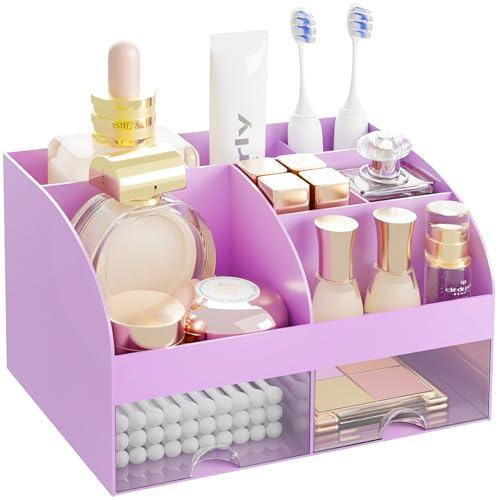 Makeup Organizer with 2 Drawers, Cosmetic Storage for Dresser Vanity and Bathroom Countertop,Make up organization and Skincare Storage with Beauty Brush Holder, Cosmetic Display Case (Purple) - color: Purple