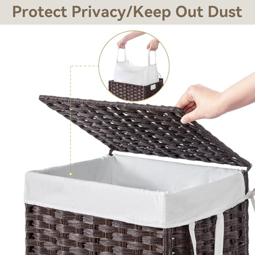 Chrislley 90L Slim Laundry Hamper with Wheels, Rolling Laundry Basket with Lid and Renovable Liner Bag, Handwoven Rattan Organizer for bedroom, bathroom, laundry room (Brown) - color: Brown