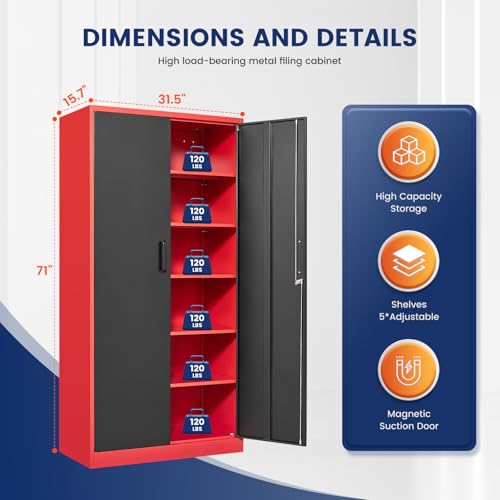 Yizosh Metal Garage Storage Cabinet with 2 Doors and 5 Adjustable Shelves - 71" Steel Lockable File Cabinet,Locking Tool Cabinets for Office,Home,Garage,Gym,School (Red Black) - color: Red Black, size: 71"H x 32"W x 16"D-A