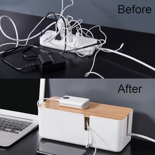 Changsuo Small Cable Management Box with Bamboo Lid for Extension Cord Power Stripe Surge Protector Wire Concealer Organizer Cover Hider (White) - color: White