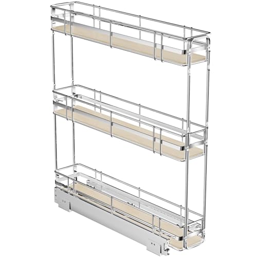 ROOMTEC 3-Tier Pull Out Cabinet Organizer Spice Rack for Narrow Cabinet 5" W x 20½" D, Slide Out Wood Shelves Storage for Kitchen - size: 5" W x 20½" D, 3 Tier, Wood Shelves
