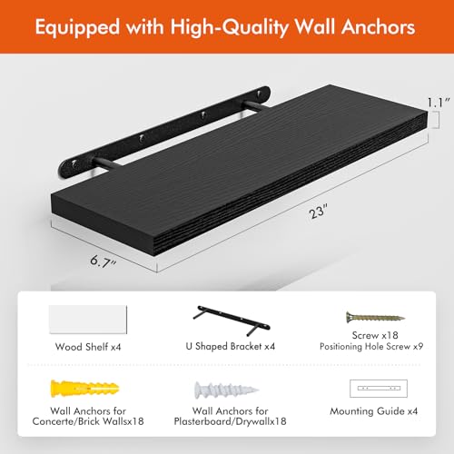 YUFLINX 23’’Black Floating Shelves for Wall,Rustic Wood Shelf for Room Decor/Storage/Display,Small Bookshelf,Wall Mounted Hanging Shelves for Bedroom, Bathroom, Living Room, Kitchen,Set of 4 - color: Black, size: 23in