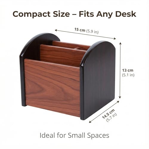 Wooden Desk Organizer with 4 Compartments, Remote Control Holder, Office Storage Caddy, 360-degree rotation Black and Brown Desk Organizer for Office Supplies