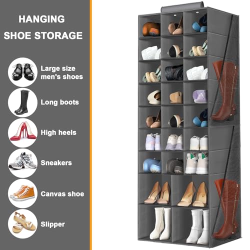 Hanging Shoe Organizer for Closet, Closet Hanging Shoe Storage Rack Holder Shelves,Collapsible Shoe Closet Organizers and Storage with 4 Large Side Pockets,25 Sections for Shoes,Hats,Clothes(Gray) - style: 3-Column Hanging Organizer