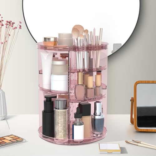 Rotating Makeup Organizer, DIY 8 Adjustable Layers Spinning Skincare Storage, Cosmetic Display Case with Brush Holder and Perfume Tray, Multi-Function Vanity Bathroom Countertop Organizer Clear Pink - color: Clear Pink