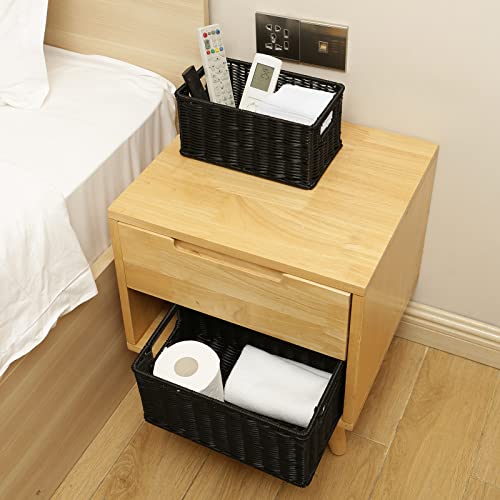HOONEX Wicker Baskets for Storage, Plastic Baskets for Organizing with Dual Handles, Woven Baskets for Storage, Set of 2, Black - color: Black, size: 12 x 8 x 6 inches