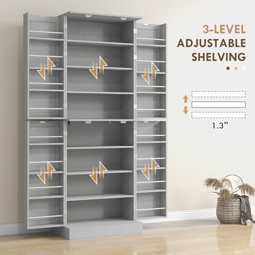 HOMCOM 65" Kitchen Pantry Storage Cabinet, Freestanding Kitchen Cabinet with 16 Door Shelves, Double Doors, 8-Tier Shelving and Adjustable Shelves, Gray - color: Grey, size: 65"H