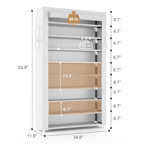 VILICK Shoe Rack with Cover Narrow Shoe Organizer with Pockets 10 Tier Tall Shoe Storage Holds 36-41 Pairs Shoes and Boots Shoe Rack for Closet Entryway Garage, White - color: White, size: 10 Tiers-34.6" Wide