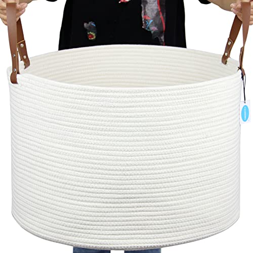Casaphoria XXXLarge Cotton Rope Basket for Living Room - Woven Storage Basket with long Handle for Blankets, Towels and Pillows Laundry Hamper | Beige 20" x 20" x 13") - color: Light Beige