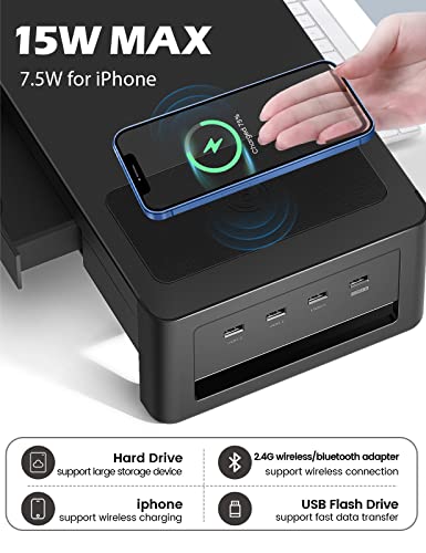 meatanty Dual Monitor Stand Riser with 2 Drawers,4 USB Ports and Charging Pad,Metal Monitor Stand for 2 Monitors Supports Transfer Data and Charging,Desk Organizer for PC,iMac(38.7 inches) - size: Extra-Large, style: Wireless Charger Version