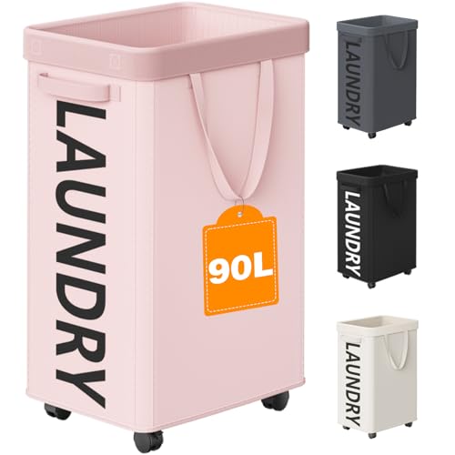 Optish Pink Laundry Basket with Wheels, Dorm Room Essentials for Girls, 90L Rolling Laundry Hamper with Wheels and Removable Mesh Bag for Clothes, Bedroom, Bathroom, College - color: Pink
