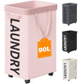 Optish Pink Laundry Basket with Wheels, Dorm Room Essentials for Girls, 90L Rolling Laundry Hamper with Wheels and Removable Mesh Bag for Clothes, Bedroom, Bathroom, College - color: Pink