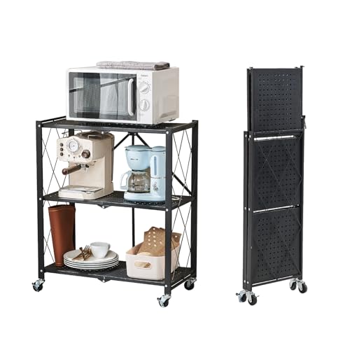 BRIAN & DANY 3-Tier Foldable Storage Shelves with Wheels, No Assembly Folding Shelf Metal Rack, Shelving Unit for Kitchen, Garage, Black - color: Black, size: 3-tier