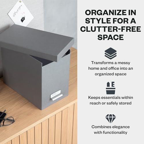 Bigso John Fiberboard Label Frame Desktop File Storage Box - Document Organizer for Important Paperwork - Durable Hanging File Box with a Lid & Metal Label Window - 7.36 x 13.38 x 10.51 in - Grey - color: Grey