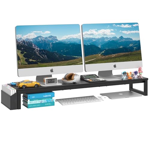 LAND·VOI Dual Monitor Stand Riser,41.5'' Long Monitor Stand for 2 Monitors, Wood and Steel Computer Monitor Stand, Desktop Oraganizer with Pen Holder, Monitor Riser for Desk Computer,Laptop,TV, Black - color: Black, size: Single-Type