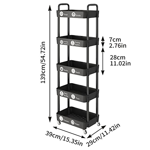 Laiensia Multifunction Utility Rolling Cart, 5-Tier Plastic & Metal Storage Organizer, Black, Lockable Wheels, Modern Style, Indoor Use - color: Black, size: 5-Tier