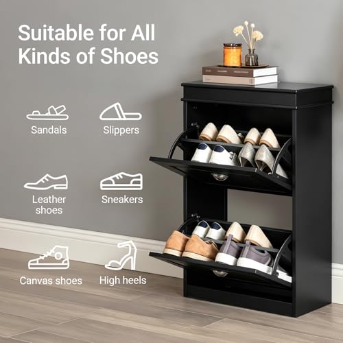 Haotian Small Shoe Cabinet, Black 2 Flip Drawers Freestanding Shoe Rack, Shoe Storage Cupboard Organizer (9.45" D x 20.87" W x 32.28" H), FSR78-SCH - color: Black, size: 2 Drawers (S)