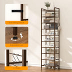 usikey 10 Tiers Narrow Shoe Rack 20-30 Pairs, Sturdy Metal Tall Shoe Rack Shelf with 4 Hooks, Slim Shoe Storage with Metal Shelf, Space Saving Vertical Shoe Organizer for Entryway Bronze UNYXJX018A - color: 10 Tier ( 17.9 X 11 X 69.2 Inches)-bronze
