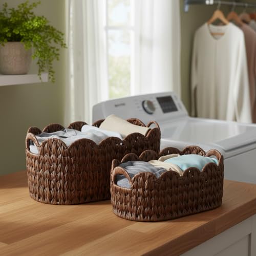Coeusy Wicker Scalloped Basket Set of 2,Woven Storage Baskets for Shelves,Closet,Laundry,Gift,Towels,Books,Toys,Waterproof Cute Decor Basket for Organizing,Brown - color: Brown