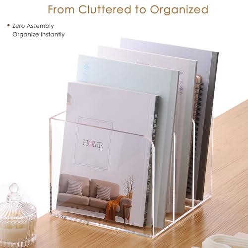 SANRUI Clear Acrylic File Organizer - 3 Compartments Magazine Holder, Vertical File Sorter for Home Office/Classroom/Dorm, Non-Slip Desk File Rack, No Assembly Required, B5 Size - size: B5, 3 Sections, 1 Pack