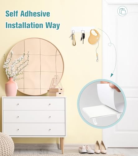 RELBRO Key Holder Wall Mount, Small Metal Self Adhesive Key Rack with 3 Hooks, 2 Installation Options, White - color: White