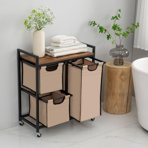 Suntage Laundry Basket Organizer - Hampers with 3 Compartments, Sliding Laundry Sorter Bags, Top Storage Shelf, Metal Frame - style: Rustic