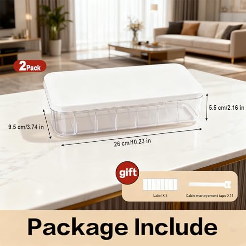 2 Pack Cord Organizer Box with 7 Wire Ties Each – Desktop Cable Management Storage Case with Lid, Charger Cord Organizer for Drawer, Multi-Compartment Power Cord Holder Set for Office Home – White - size: 2pack