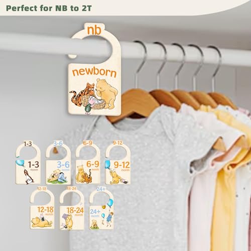 JMOST Pooh Bear Baby Closet Dividers for Nursery Closet Organizer, Newborn to 24 Months Size Clothes, Bear Hangers with Size Dividers, Double Sided - color: honey gold