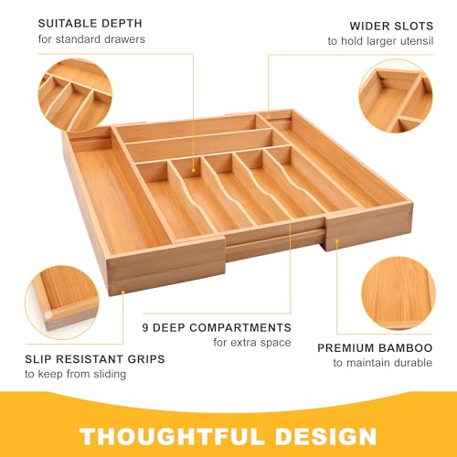 Large Premium Bamboo Silverware Organizer - Expandable Drawer Organizer & Utensil Organizer - 17"x19.7" Cutlery Tray with Dividers for Kitchen Utensils and Flatware (7-9 Slots) (Natural) - color: Natural, size: 9 Slots Expandable