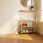 3 Tier Metal Shoe Rack Organizer Vertical Design Entryway Storage Cabinet for Entrance or Kitchen Small and Narrow Free Standing Gold