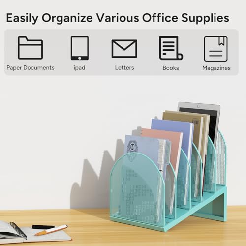 5-Section Desk File Organizer, Metal Mesh Folder Organizer for Documents, Mail & Office Papers (Blue) - color: Blue