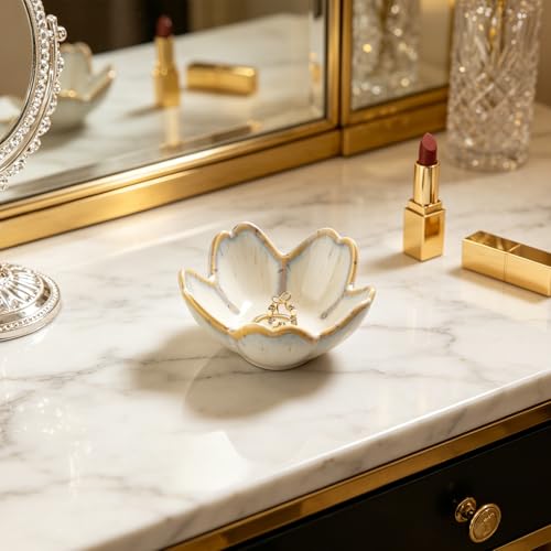 Decorative Flower Ring Dish - Small Ceramic Tray for Trinkets & Keys, Vintage Floral Sculpture Home Decor Accent for Bedside, Bathroom, Office (grey) - color: grey